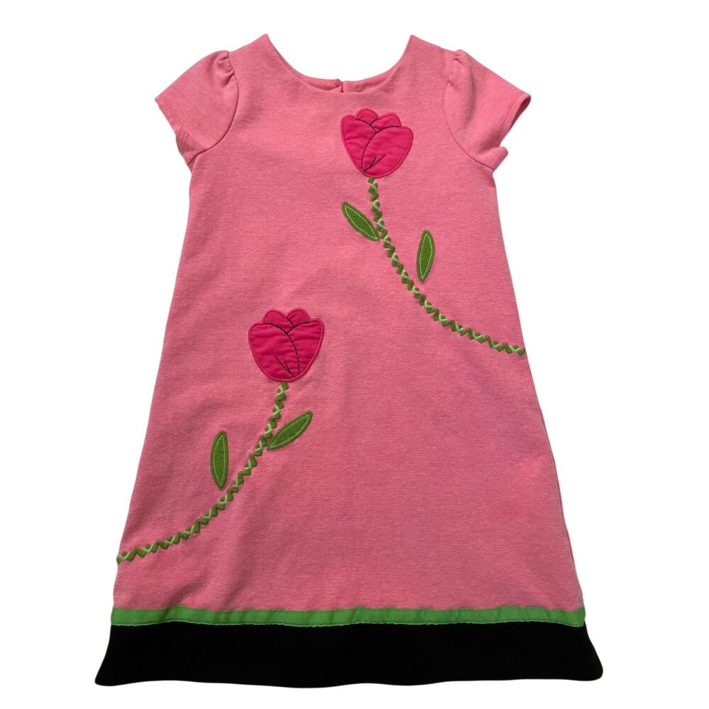Hartstrings Pink Green Tulip Applique Short Sleeve Dress‎ Girls 10 Cotton Blend